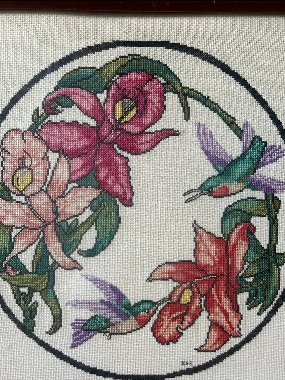 VTG Completed Hummingbird & Orchid Framed Cross Stitch